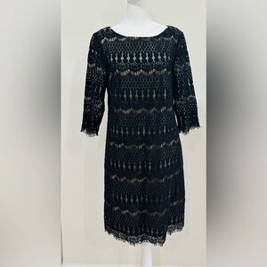 Jessica Howard Illusion-Sleeve Crochet Lace Shift black dress‎ Size 10